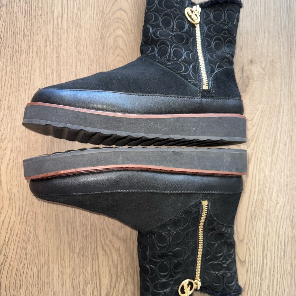 Coach Isa Jacquard Logo Fur Lined Suede Women’s Black Boots- Size 7.5 - Picture 8 of 14